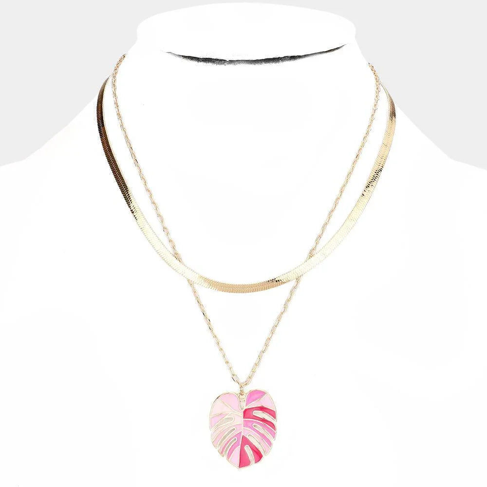 Pink Enamel Tropical Leaf Pendant Double Layered Necklace - Jewelry Store by Erik Rayo