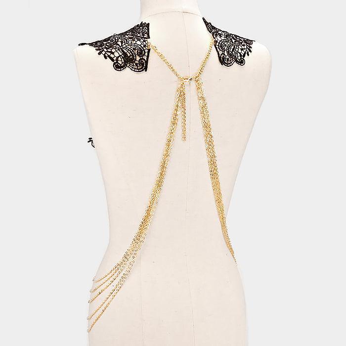 Gold Paisley crochet lace bib draped metal body chain necklace - Jewelry Store by Erik Rayo