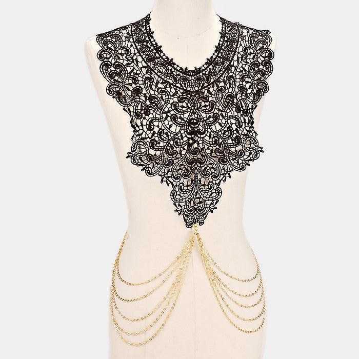 Gold Paisley crochet lace bib draped metal body chain necklace - Jewelry Store by Erik Rayo