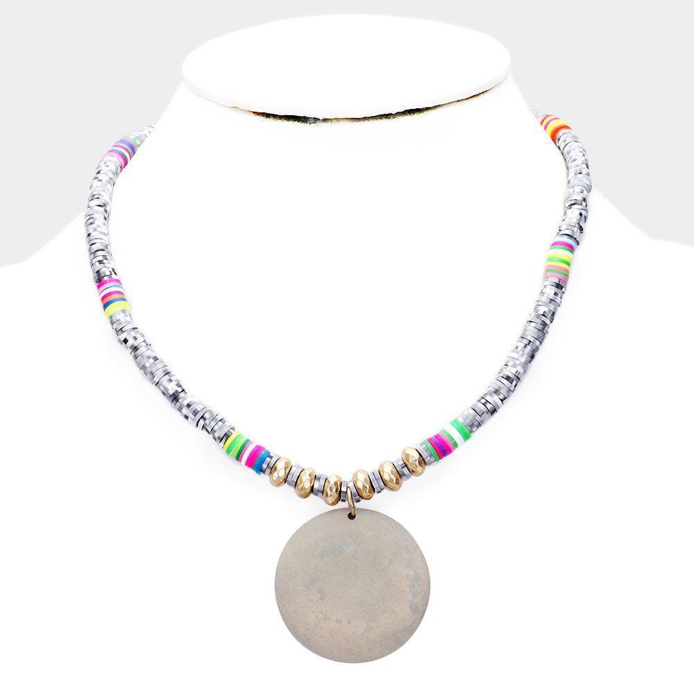 Gray Round Wood Pendant disc Bead Necklace - Jewelry Store by Erik Rayo