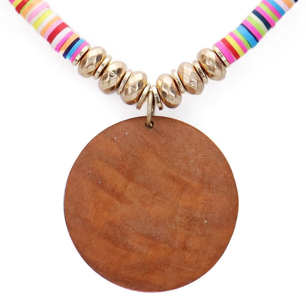 Gold Round Wood Pendant disc Bead Necklace - Jewelry Store by Erik Rayo