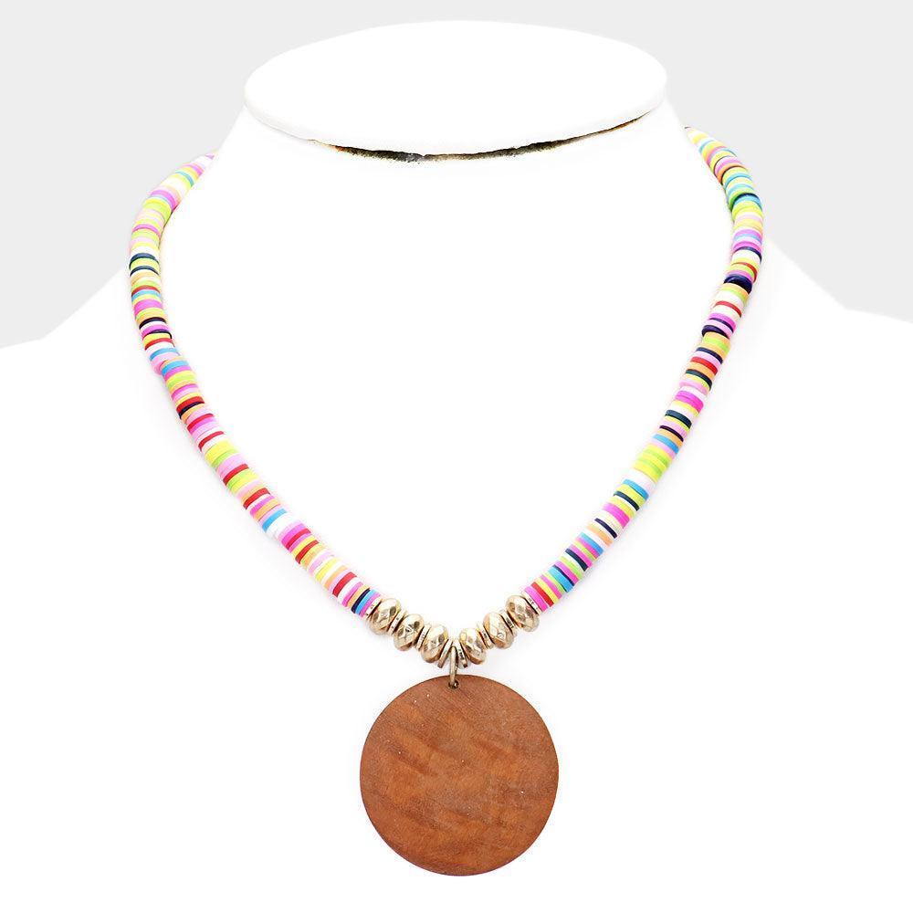 Gold Round Wood Pendant disc Bead Necklace - Jewelry Store by Erik Rayo