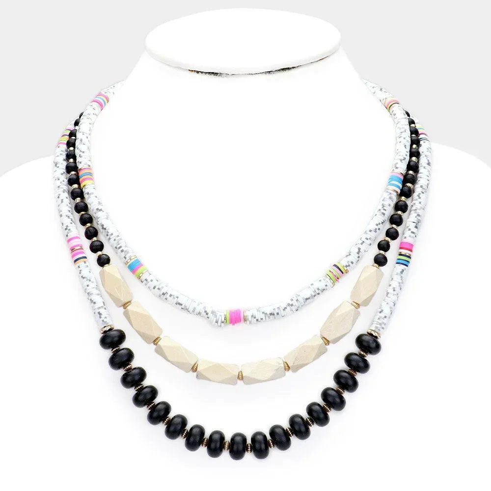 White Colorful Disc Bead Wood Layered Necklace - Jewelry Store by Erik Rayo