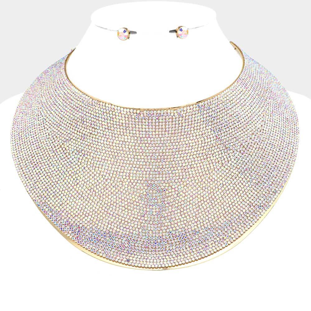 Gold Pave Rhinestone Wide Metal Armor Collar Necklace