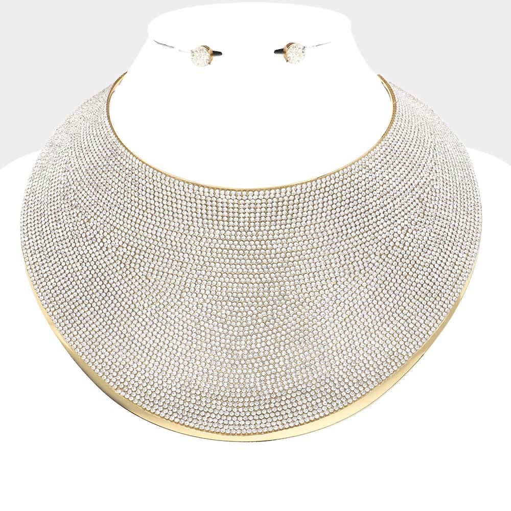 Gold Pave Rhinestone Wide Metal Armor Collar Necklace