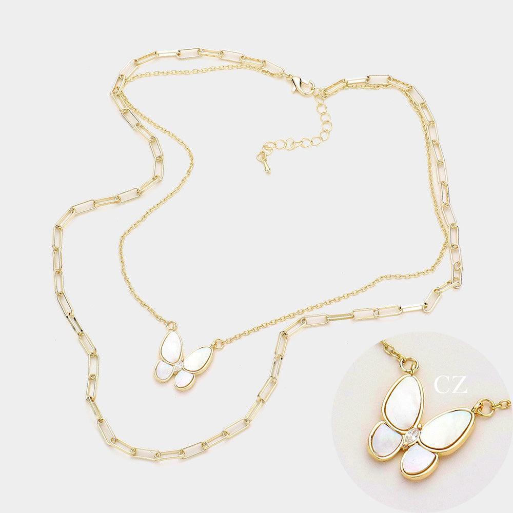 Gold Mother Of Pearl Butterfly Pendant Double Layered Necklace - Jewelry Store by Erik Rayo