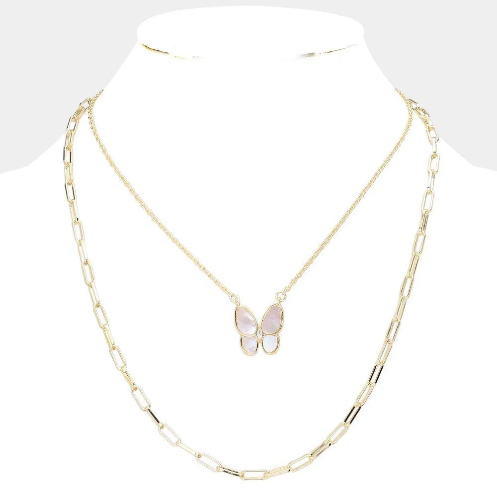 Gold Mother Of Pearl Butterfly Pendant Double Layered Necklace - Jewelry Store by Erik Rayo