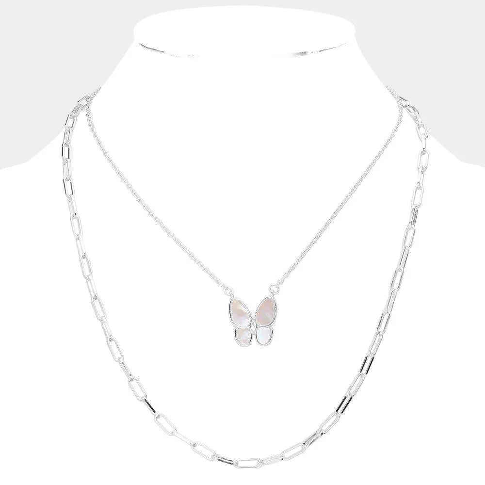 Mother Of Pearl Butterfly Pendant Double Layered Necklace - Jewelry Store by Erik Rayo