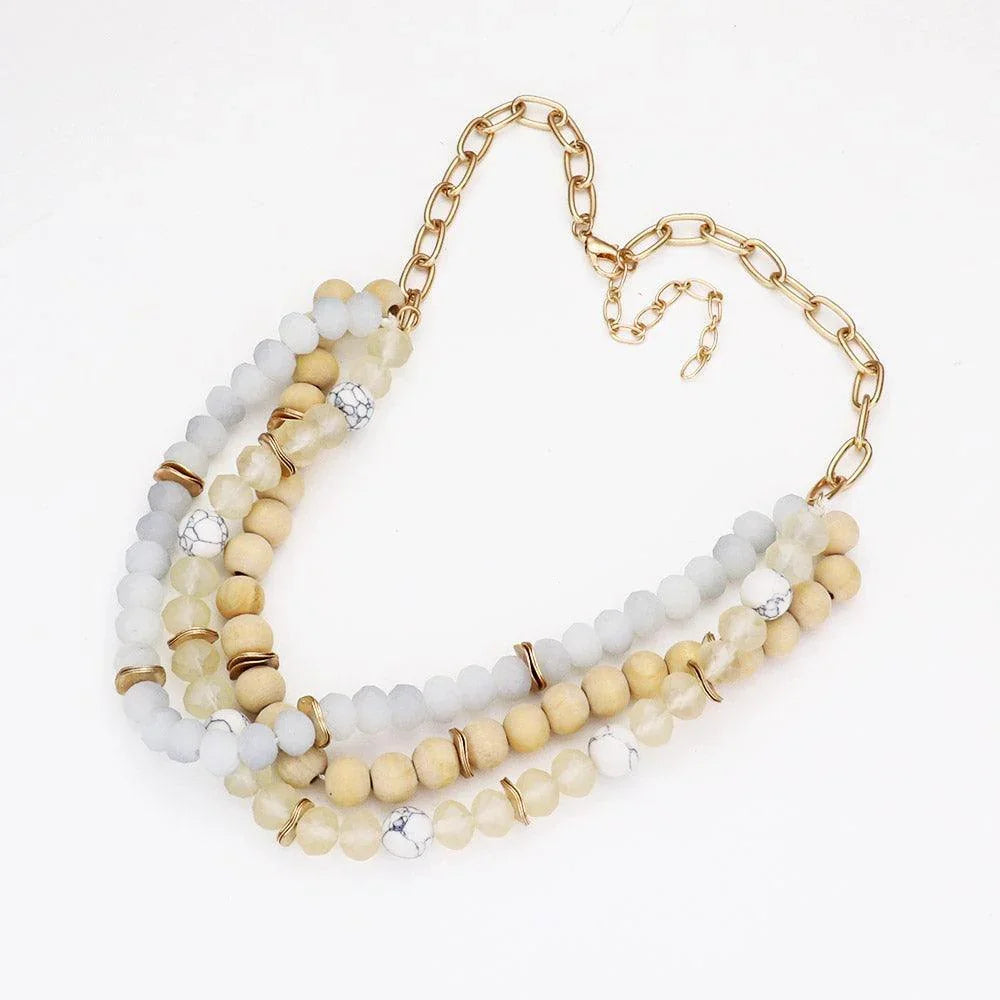 White Natural Stone Wood Faceted Beaded Triple Layered Necklace - Jewelry Store by Erik Rayo