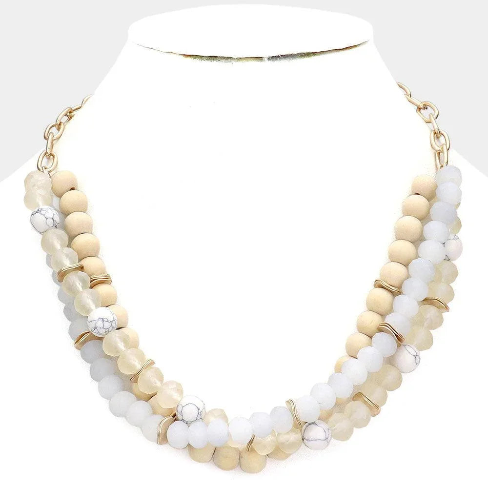 White Natural Stone Wood Faceted Beaded Triple Layered Necklace - Jewelry Store by Erik Rayo