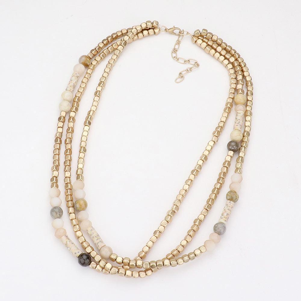 Natural Stone Metal Cube Beaded Triple Layered Necklace - Jewelry Store by Erik Rayo