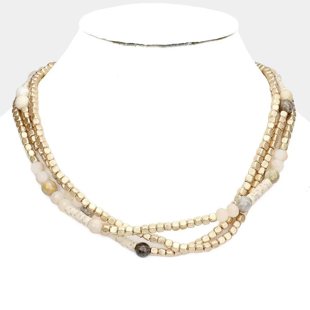 Natural Stone Metal Cube Beaded Triple Layered Necklace - Jewelry Store by Erik Rayo