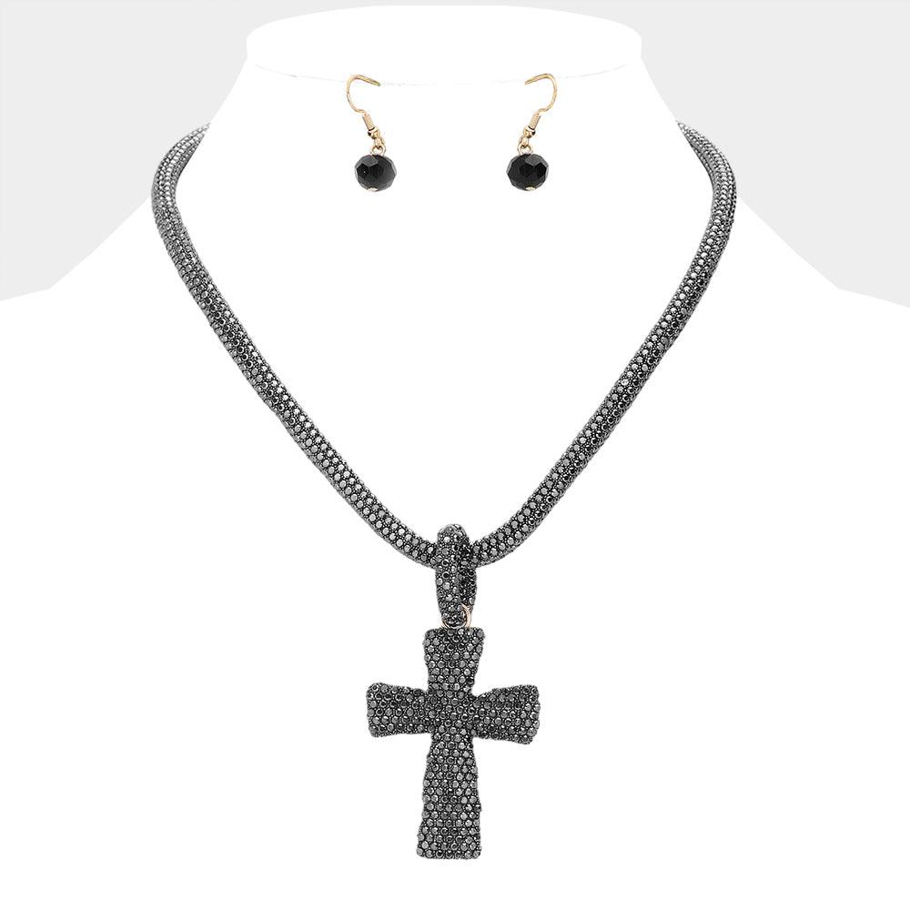 Black Stone Paved Cross Pendant Necklace