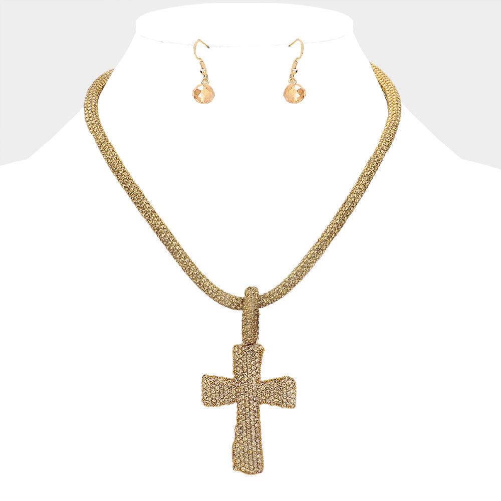 Brown Stone Paved Cross Pendant Necklace