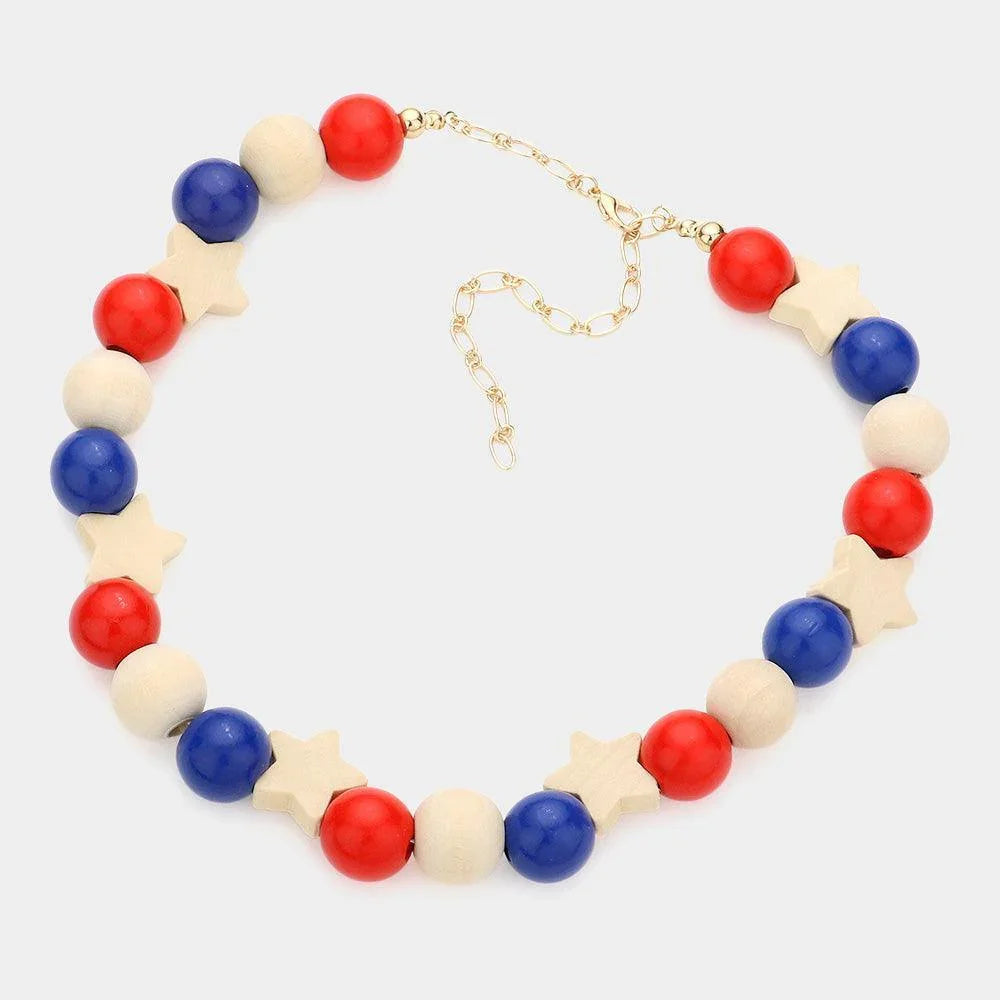 American USA Flag Wood Star Ball Collar Necklace - Jewelry Store by Erik Rayo