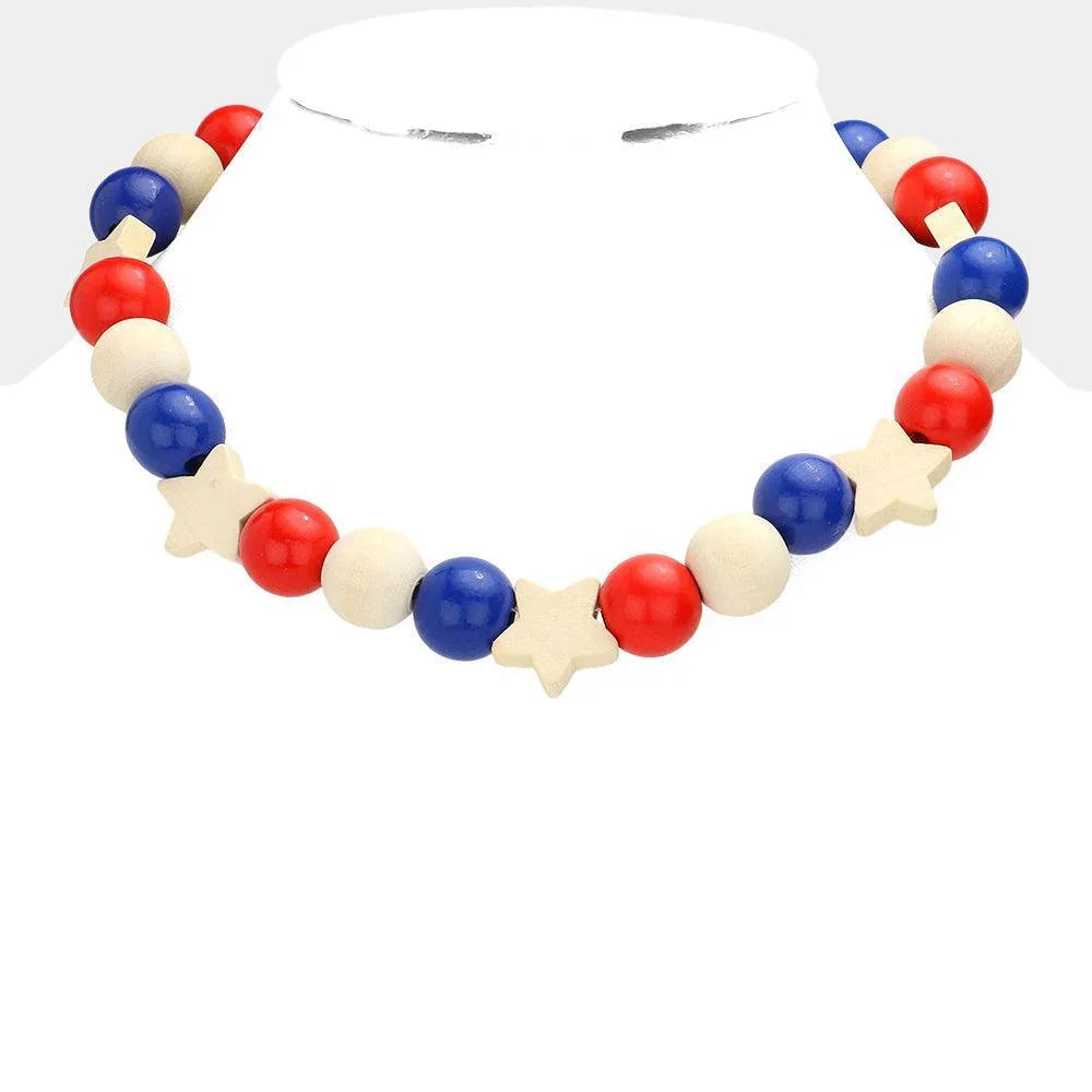 American USA Flag Wood Star Ball Collar Necklace - Jewelry Store by Erik Rayo