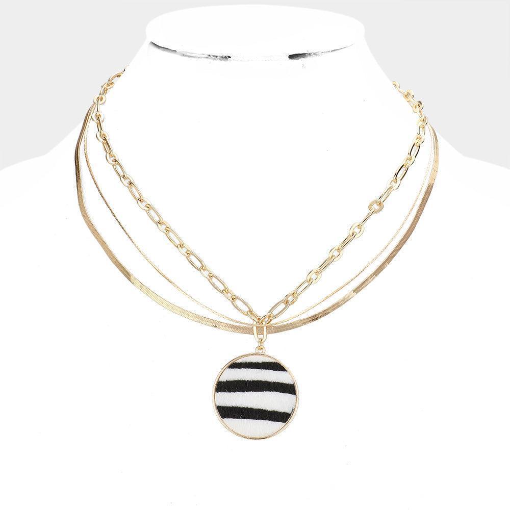 White Zebra Patterned Round Pendant Triple Layered Necklace - Jewelry Store by Erik Rayo