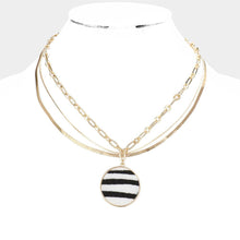 Load image into Gallery viewer, White Zebra Patterned Round Pendant Triple Layered Necklace
