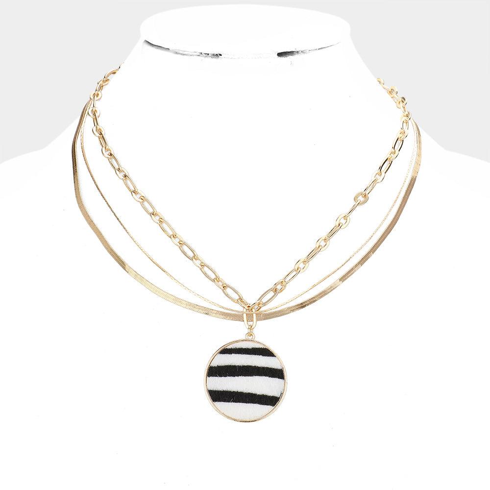 White Zebra Patterned Round Pendant Triple Layered Necklace