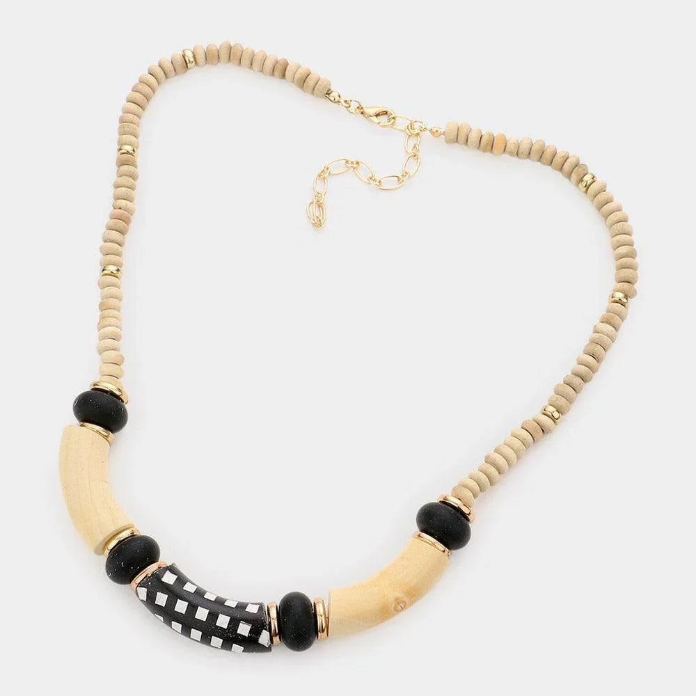 White Check Pattered Resin Accented Wood Beaded Necklace - Jewelry Store by Erik Rayo
