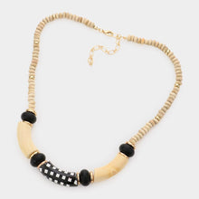 Load image into Gallery viewer, White Check Pattered Resin Accented Wood Beaded Necklace
