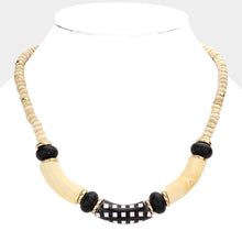 Load image into Gallery viewer, White Check Pattered Resin Accented Wood Beaded Necklace
