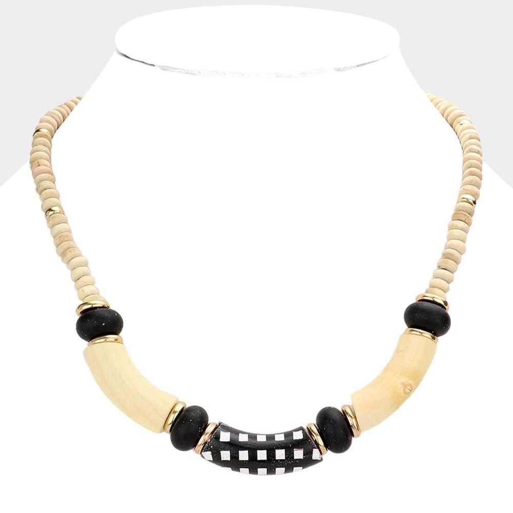 White Check Pattered Resin Accented Wood Beaded Necklace