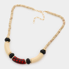 Load image into Gallery viewer, Red Check Pattered Resin Accented Wood Beaded Necklace
