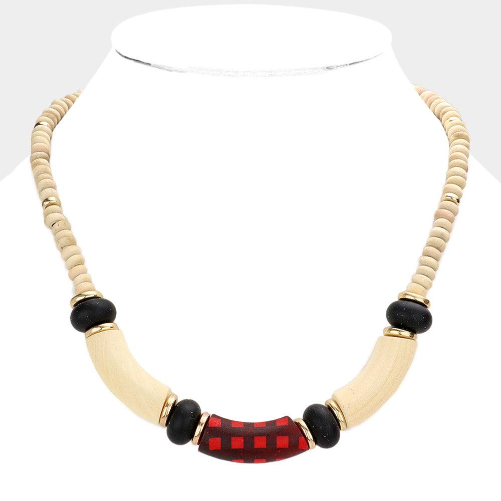 Red Check Pattered Resin Accented Wood Beaded Necklace