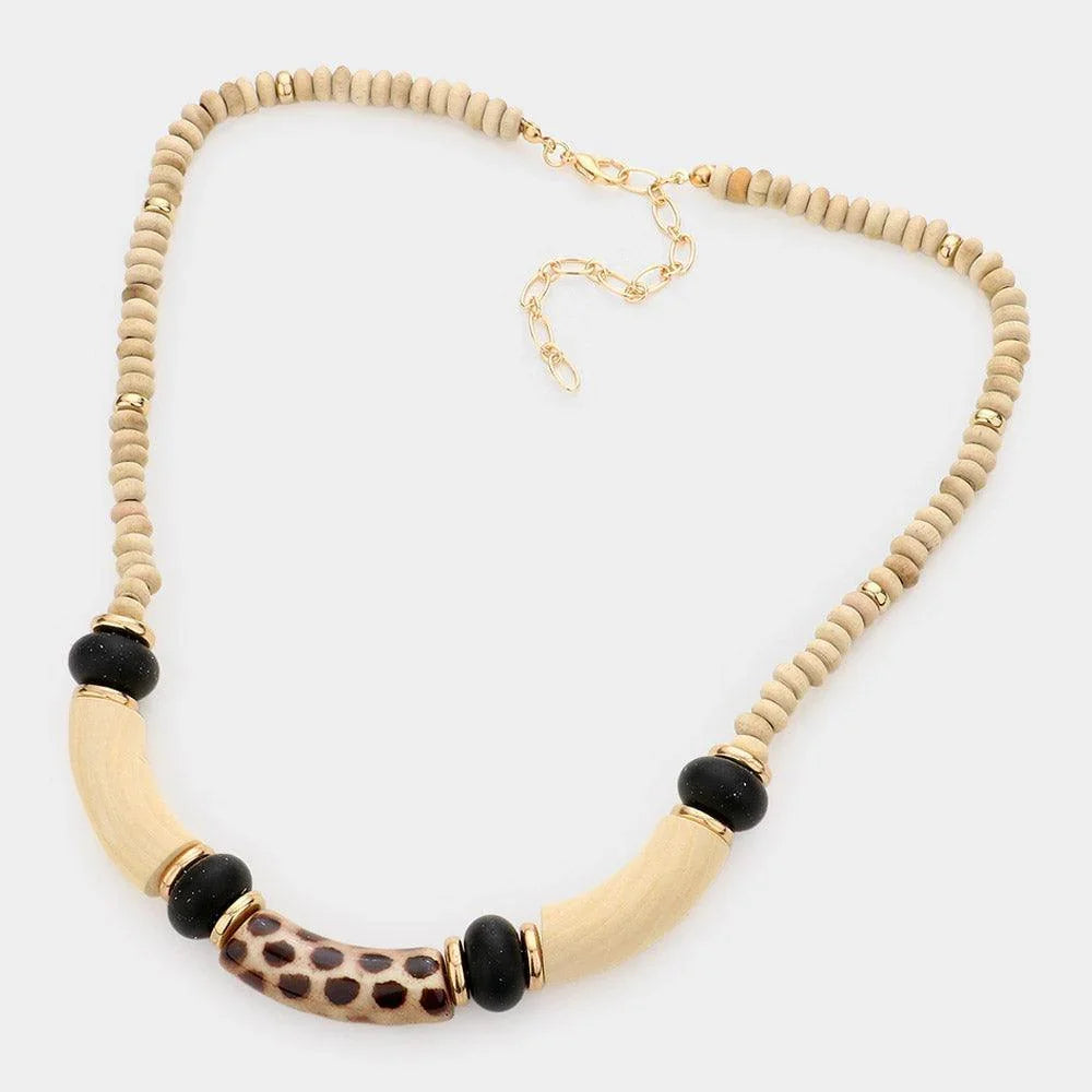 Tiger Pattered Resin Accented Wood Beaded Necklace - Jewelry Store by Erik Rayo