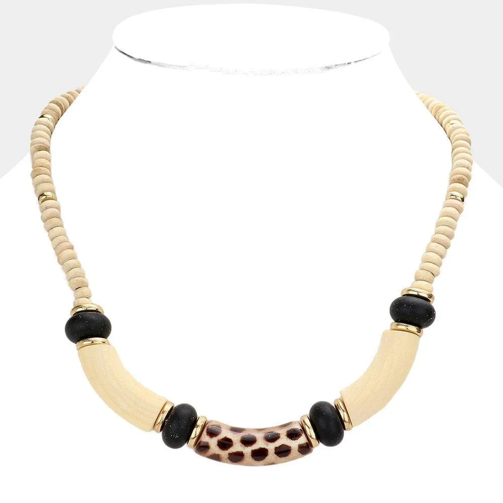 Tiger Pattered Resin Accented Wood Beaded Necklace - Jewelry Store by Erik Rayo