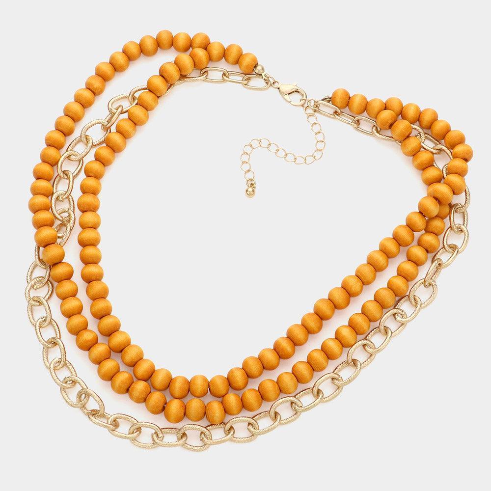 Brown Colored Wood Open Metal Oval Link Triple Layered Necklace - Jewelry Store by Erik Rayo