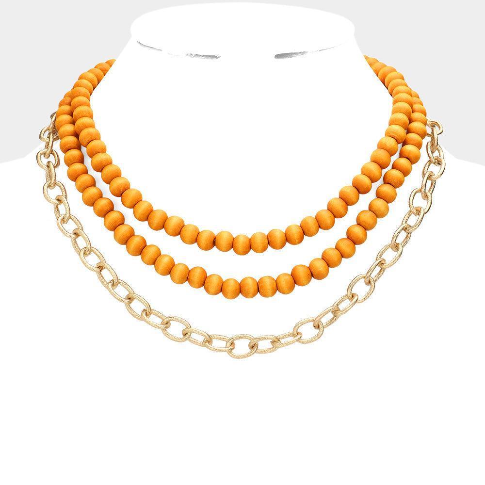 Brown Colored Wood Open Metal Oval Link Triple Layered Necklace - Jewelry Store by Erik Rayo