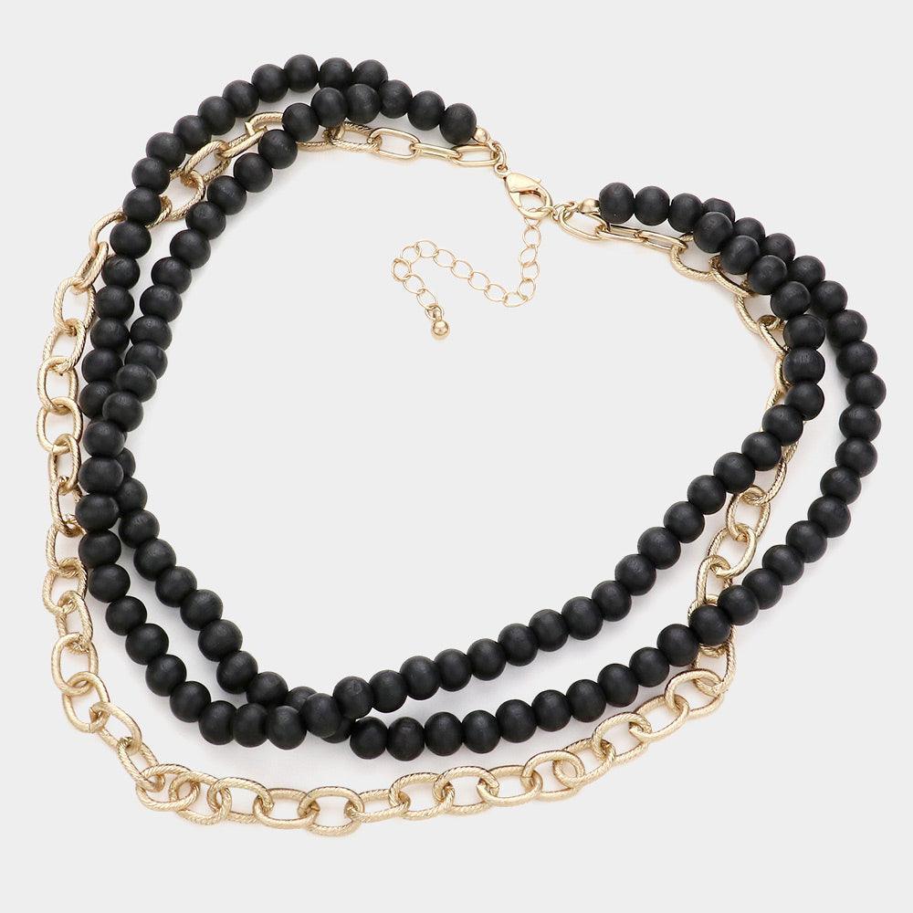 Black Colored Wood Open Metal Oval Link Triple Layered Necklace - Jewelry Store by Erik Rayo