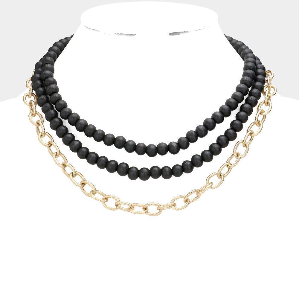 Black Colored Wood Open Metal Oval Link Triple Layered Necklace - Jewelry Store by Erik Rayo