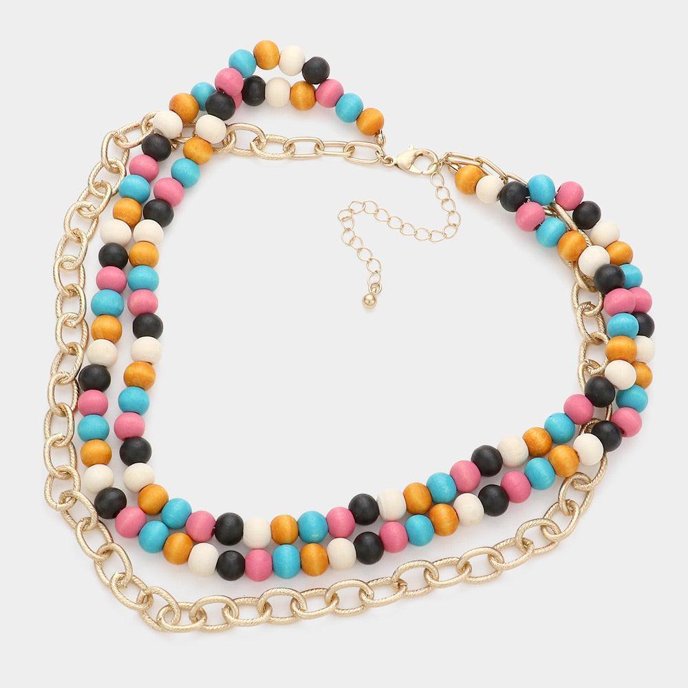 Colored Wood Open Metal Oval Link Triple Layered Necklace - Jewelry Store by Erik Rayo