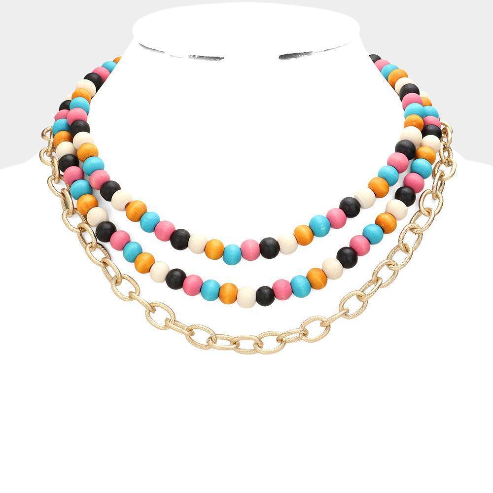 Colored Wood Open Metal Oval Link Triple Layered Necklace - Jewelry Store by Erik Rayo