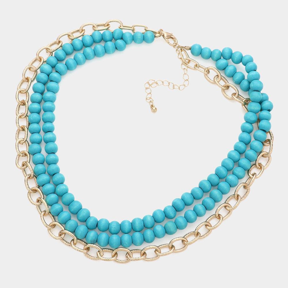 Colored Wood Open Metal Oval Link Triple Layered Necklace - Jewelry Store by Erik Rayo