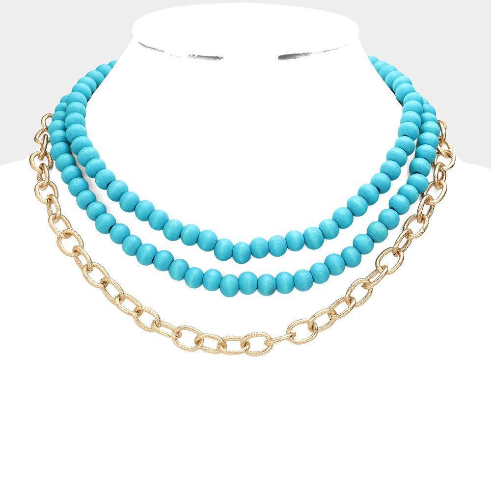 Colored Wood Open Metal Oval Link Triple Layered Necklace - Jewelry Store by Erik Rayo