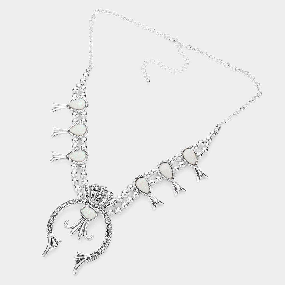 White Glittered Teardrop Accented Squash Blossom Antique Metal Necklace - Jewelry Store by Erik Rayo