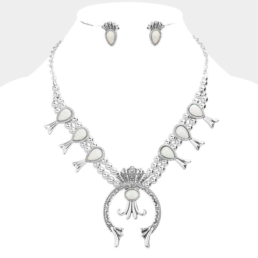White Glittered Teardrop Accented Squash Blossom Antique Metal Necklace - Jewelry Store by Erik Rayo