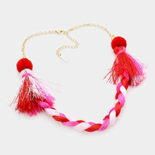 Load image into Gallery viewer, Red Braided thread necklace with pom pom tassels
