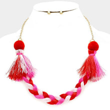 Load image into Gallery viewer, Red Braided thread necklace with pom pom tassels
