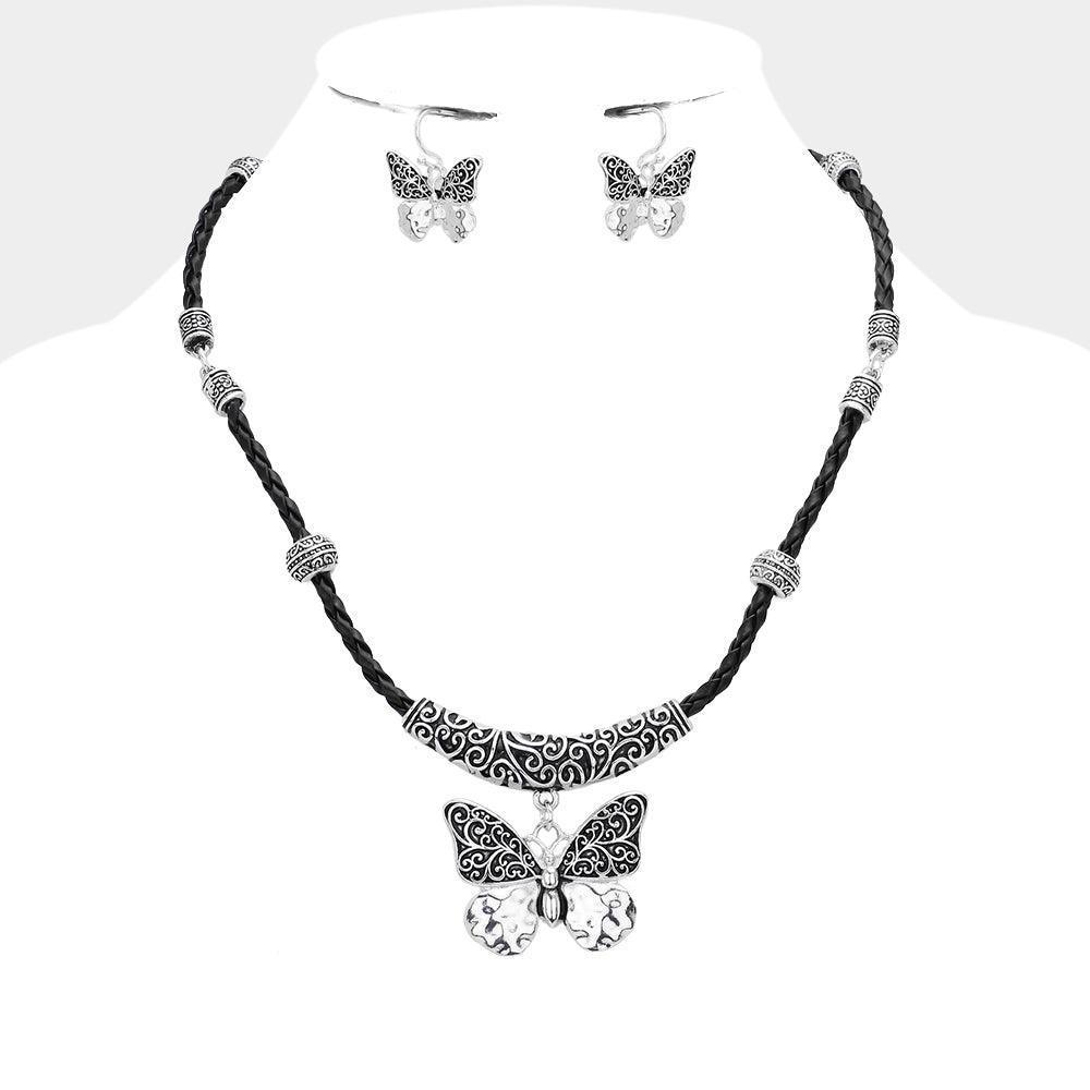 Silver Embossed Metal Butterfly Pendant Necklace - Jewelry Store by Erik Rayo