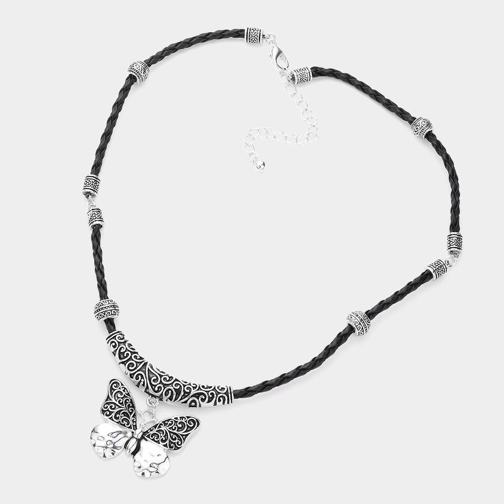 Silver Embossed Metal Butterfly Pendant Necklace - Jewelry Store by Erik Rayo