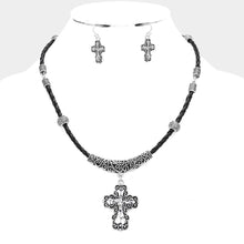 Load image into Gallery viewer, Silver Embossed Metal Cross Pendant Necklace
