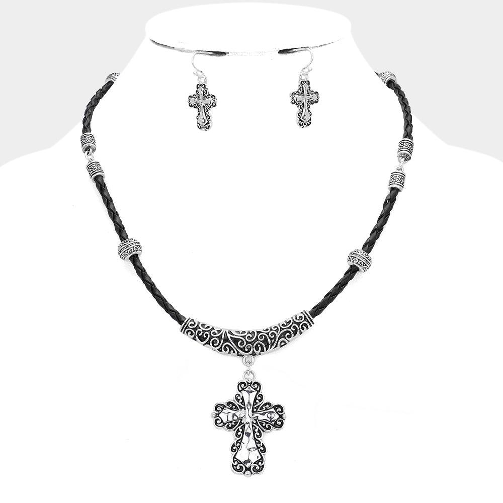 Silver Embossed Metal Cross Pendant Necklace