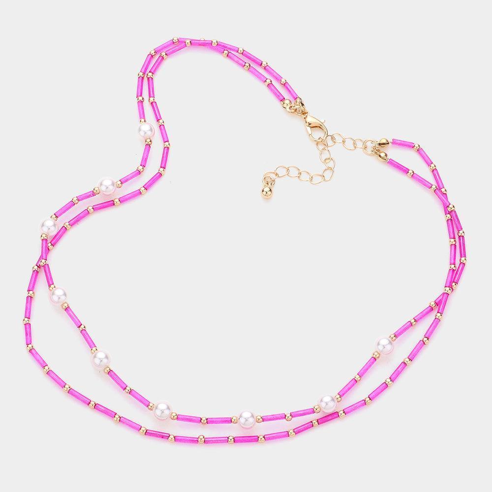 Fuchsia Pearl Station Tube Beaded Double Layered Necklace - Jewelry Store by Erik Rayo