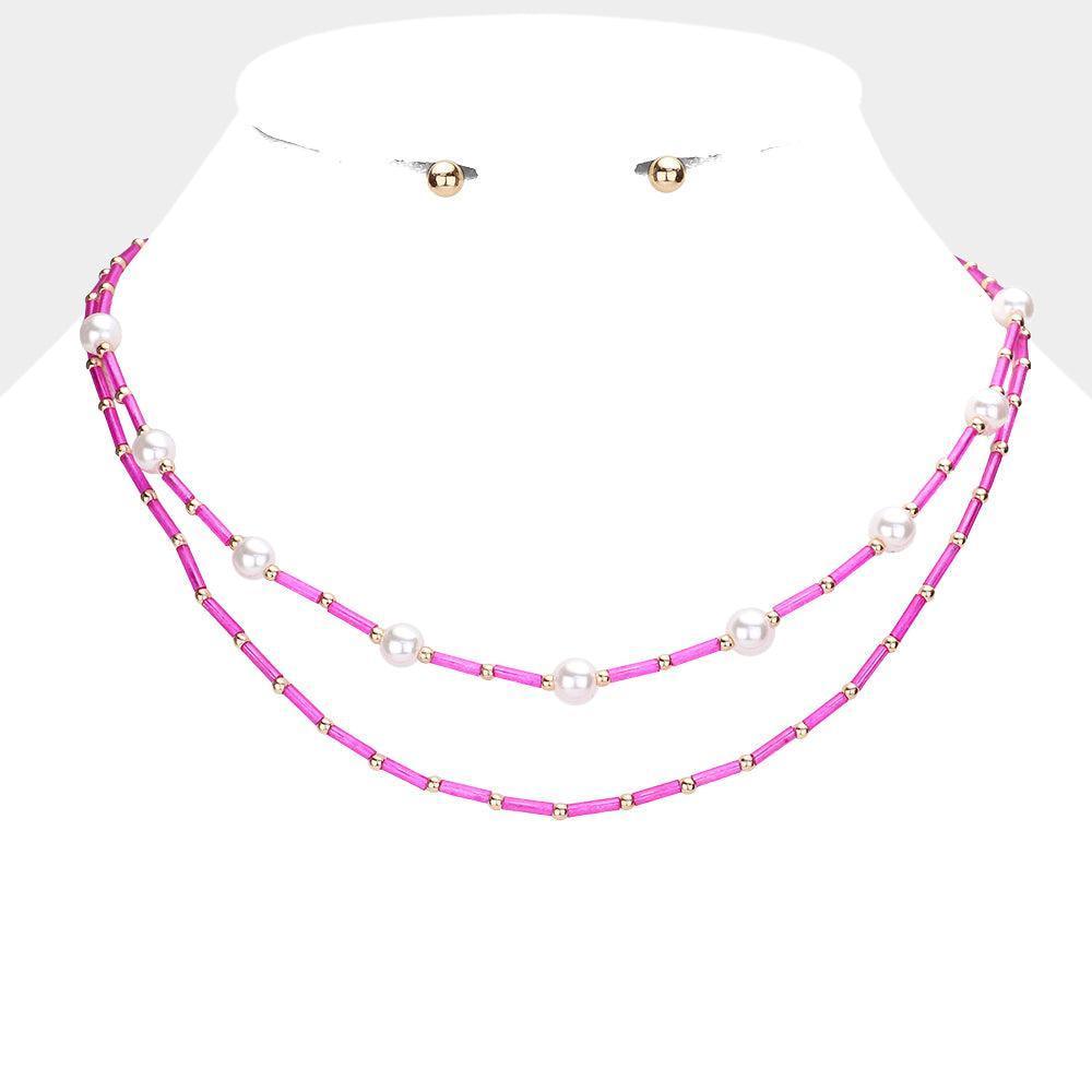 Fuchsia Pearl Station Tube Beaded Double Layered Necklace - Jewelry Store by Erik Rayo