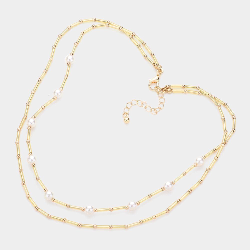 Gold Pearl Station Tube Beaded Double Layered Necklace - Jewelry Store by Erik Rayo